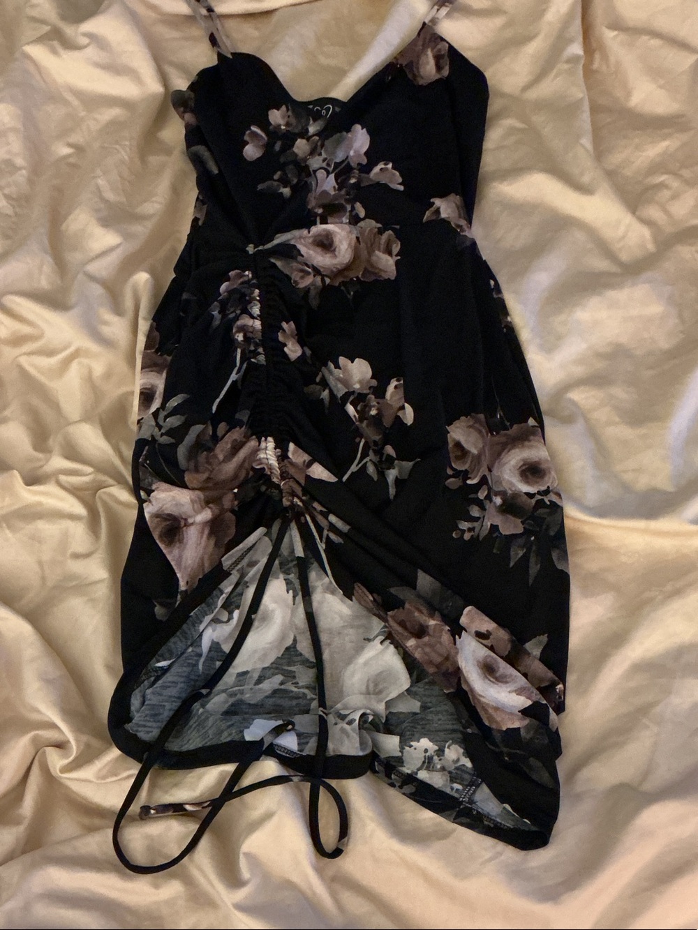 Windsor Black Floral Ruched Slip Dress with Taupe Roses